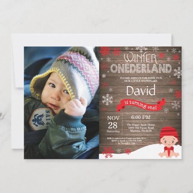 Invitation d'anniversaire rustique hiver Onederlan (Devant)
