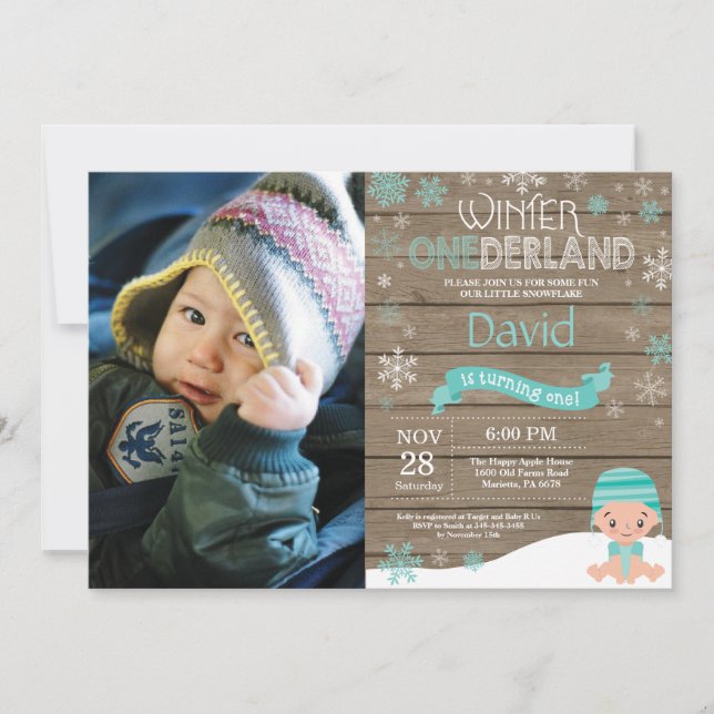 Invitation d'anniversaire rustique hiver Onederlan (Devant)
