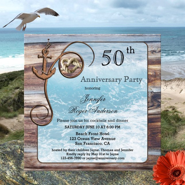 Invitation d'anniversaire rustique nautique (Wedding anniversary invitation featuring ocean waves framed by rustic wood, an anchor and tied knot)