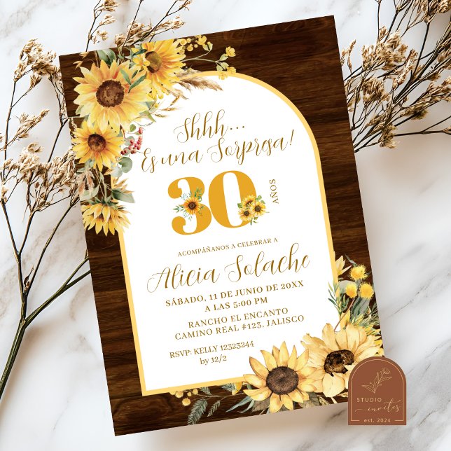 Invitation d'anniversaire rustique Sunflower Sorpr (Créateur téléchargé)