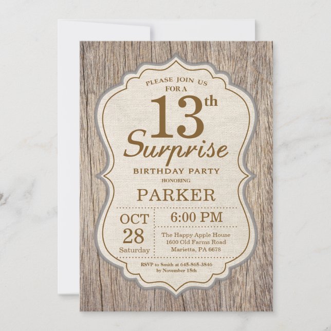 Invitation d'anniversaire Rustique Surprise 13 ans (Devant)