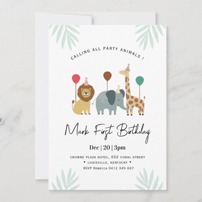 Invitation d'anniversaire Safari Animal 1er  (Devant)