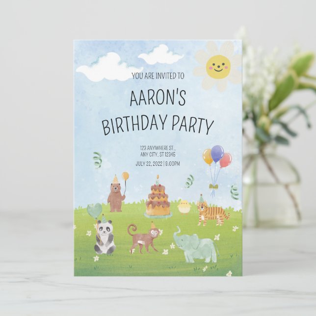 Invitation d'anniversaire Safari Animal Greenery B (Debout devant)