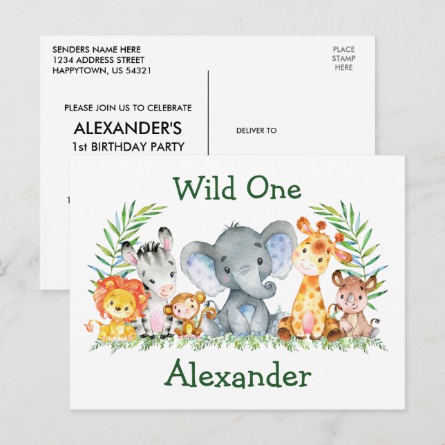 Invitation d'anniversaire Safari Animaux Wild One  (Devant / Derrière)