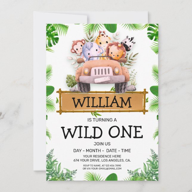 Invitation d'anniversaire Safari Animaux Wild One (Devant)
