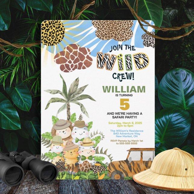 Invitation d'anniversaire Safari de la Bande Sauva (Vibrant safari-themed kids invitation with a colourful animal-inspired design.)