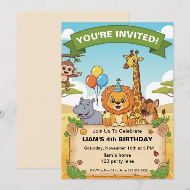 Invitation d'anniversaire Safari Jungle | annivers (Devant / Derrière)