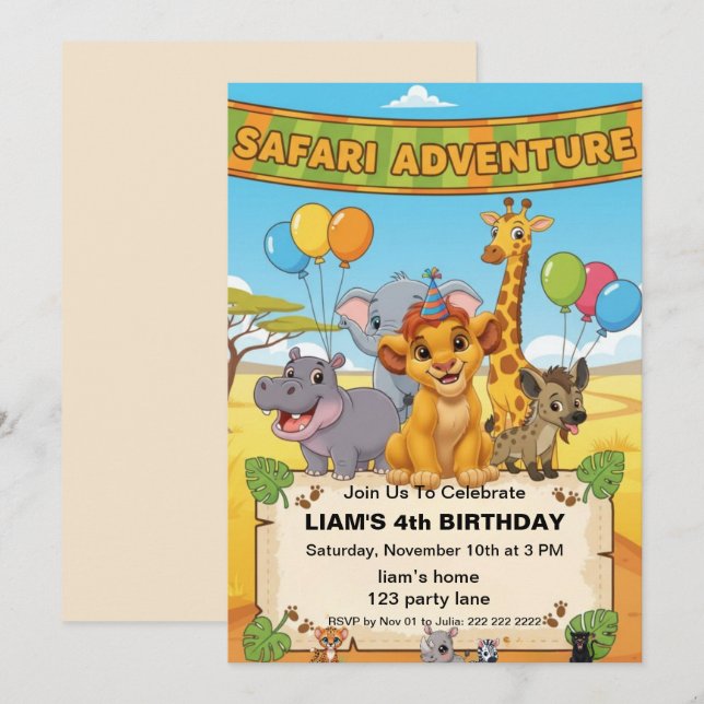 Invitation d'anniversaire Safari Jungle | annivers (Devant / Derrière)