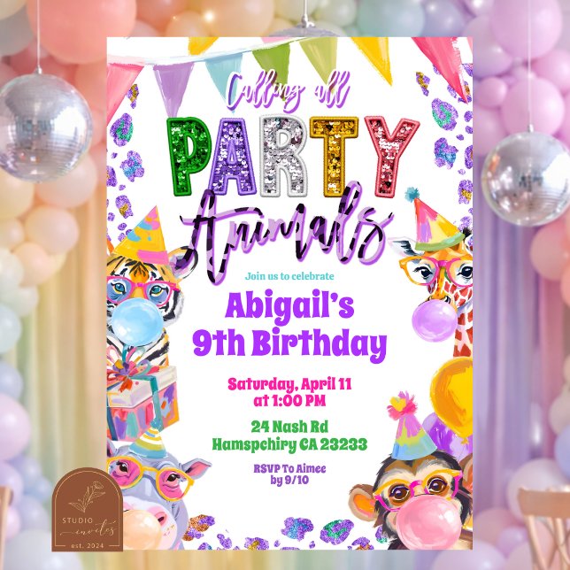 Invitation d'anniversaire Safari Paillettes Arc-en (Créateur téléchargé)