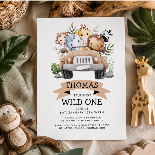 Invitation d'anniversaire Safari Tropical Jungle W (Wild One Tropical Jungle Safari Birthday Invitation)