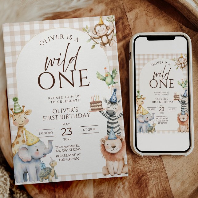 Invitation d'anniversaire Safari Wild One Animaux  (Wild One first birthday parties
Safari birthday celebrations
Jungle animal themed birthdays
Baby boy)