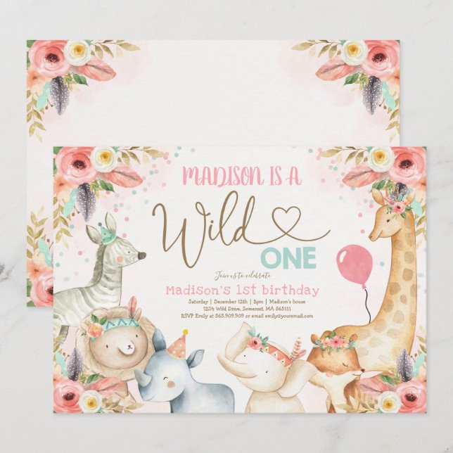Invitation d'anniversaire Safari Wild One Boho Wil (Devant / Derrière)
