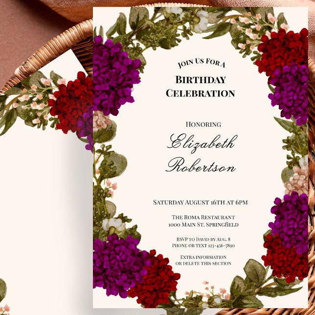 Invitation d'anniversaire sans âge à bordure flora (Créateur téléchargé)