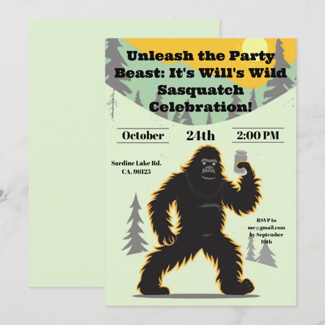 Invitation d'anniversaire Sasquatch (Devant / Derrière)