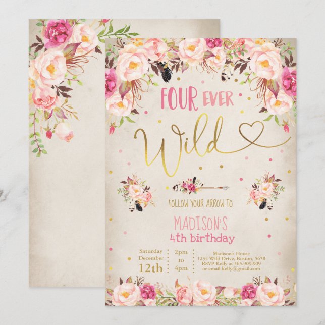 Invitation d'anniversaire sauvage Boho Four Ever W (Devant / Derrière)