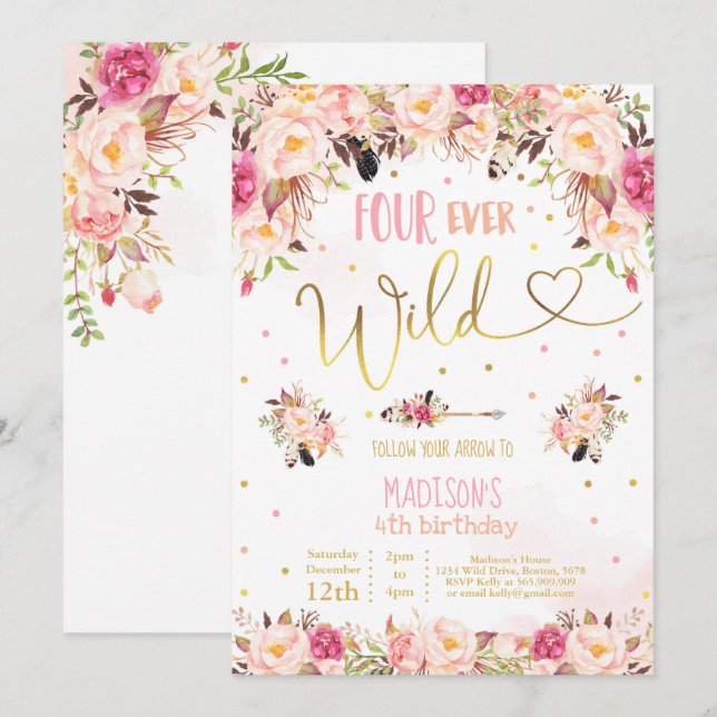 Invitation d'anniversaire sauvage Boho Four Ever W (Devant / Derrière)