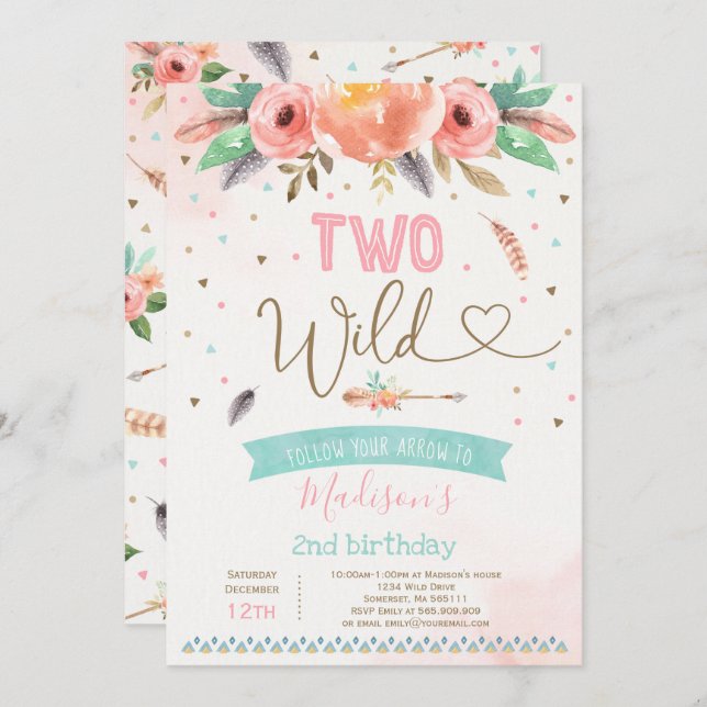 Invitation d'anniversaire sauvage Boho Two Wild Bo (Devant / Derrière)