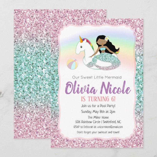 Invitation d'anniversaire scintillante de sirène - (Devant / Derrière)