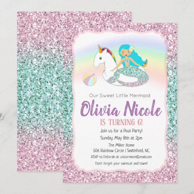 Invitation d'anniversaire scintillante de sirène - (Devant / Derrière)