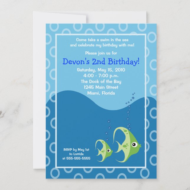 Invitation d'anniversaire Sealife Green Fish 5x7 (Devant)