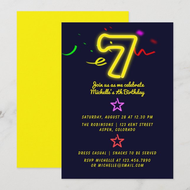 Invitation d'anniversaire septième pour la fête d' (Devant / Derrière)
