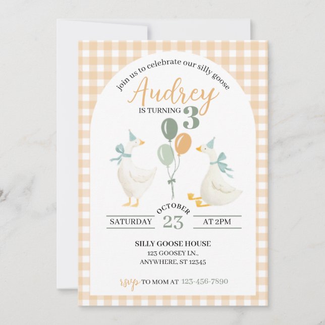 Invitation d'anniversaire Silly Goose | Plaid aqua (Devant)