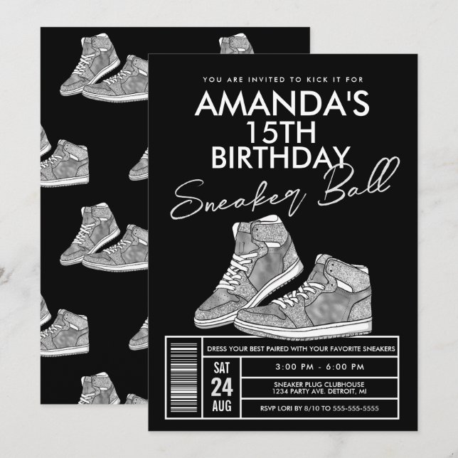 Invitation d'anniversaire Silver Sneaker Ball (Devant / Derrière)