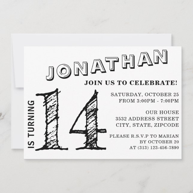 Invitation d'anniversaire simple en noir et blanc  (Devant)