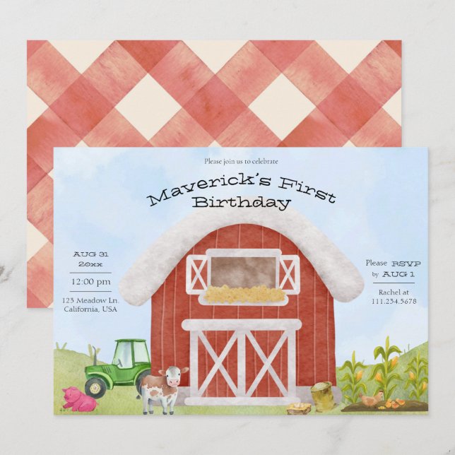 Invitation d'anniversaire Simple Farm Fun 1er (Devant / Derrière)