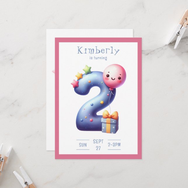 Invitation d'anniversaire simpliste pour deux ans (Devant/Arrière en situation)