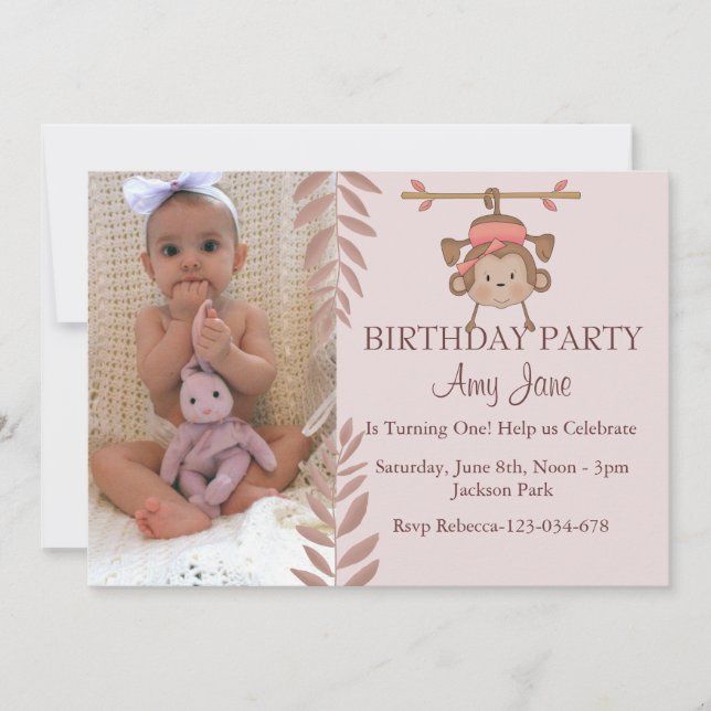 Invitation d'anniversaire singe rose (Devant)
