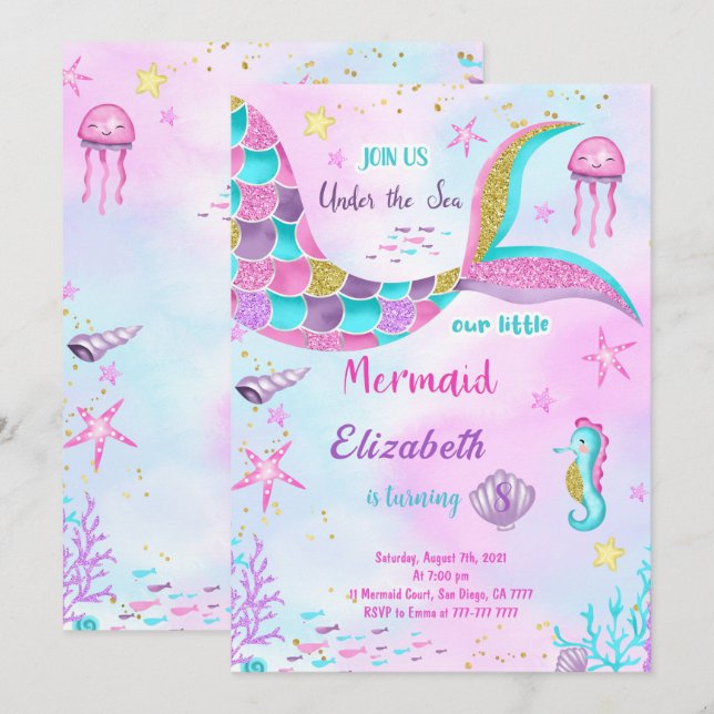 Invitation d'anniversaire sirène (Devant / Derrière)