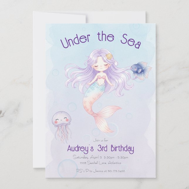 Invitation d'anniversaire sirène (Devant)