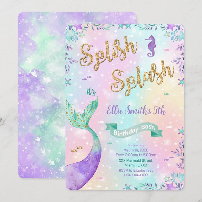 Invitation d'anniversaire sirène (Devant / Derrière)