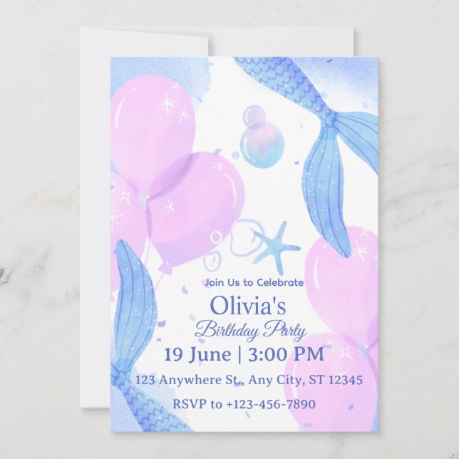Invitation d'anniversaire sirène (Devant)