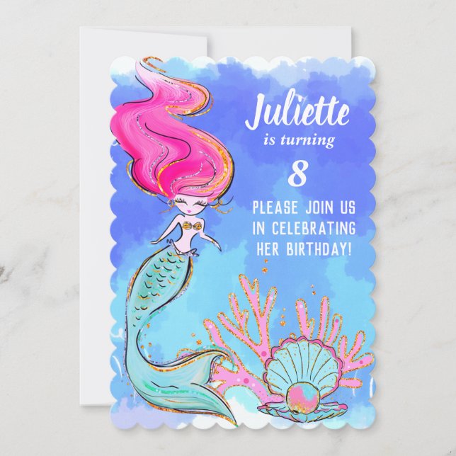 Invitation d'anniversaire Sirène et Coquillage à p (Devant)
