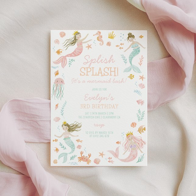 Invitation d'anniversaire Sirène Fête d'anniversai (Splish splash! It's a mermaid bash! Girls mermaid birthday invitation)