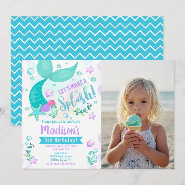 Invitation d'anniversaire sirène / Fête de piscine (Devant / Derrière)