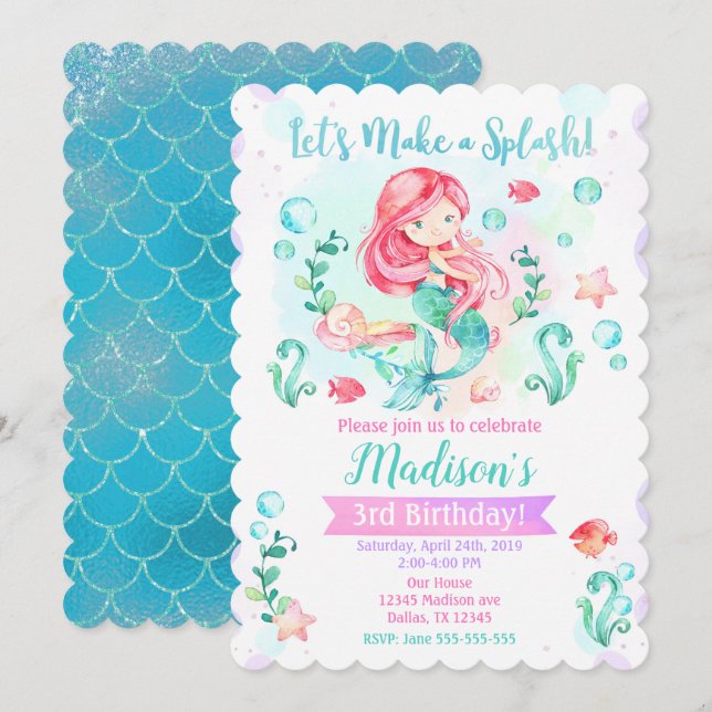 Invitation d'anniversaire sirène / Fête sous la me (Devant / Derrière)