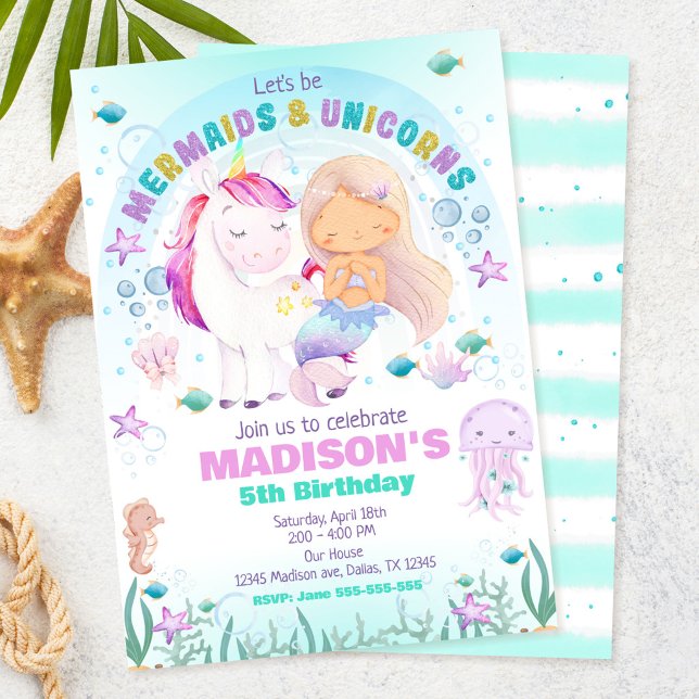 Invitation d'anniversaire Sirène & Licorne sous la (Créateur téléchargé)