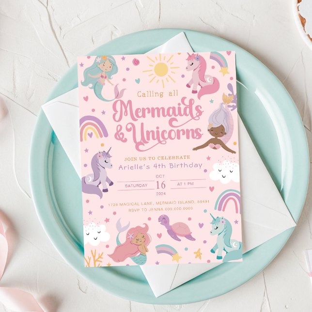 Invitation d'anniversaire sirène quatre - Joli Ros (Mermaid Birthday Invitation Four - Cute Pink
)
