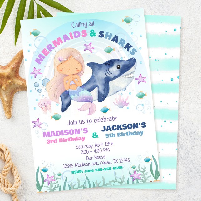 Invitation d'anniversaire Sirène & Requin sous la  (Créateur téléchargé)
