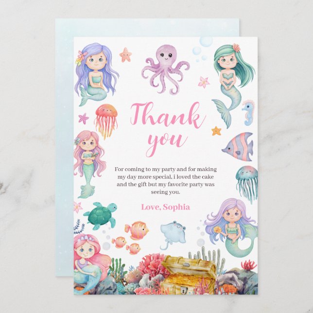 Invitation d'anniversaire Sirène, Sirène sous la m (Devant / Derrière)