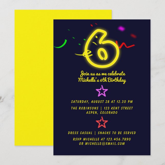 Invitation d'anniversaire six ans Enseigne au Néon (Devant / Derrière)