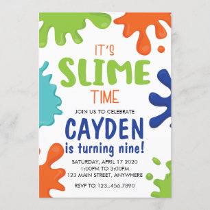 Invitation d'anniversaire Slime verte, bleue et or