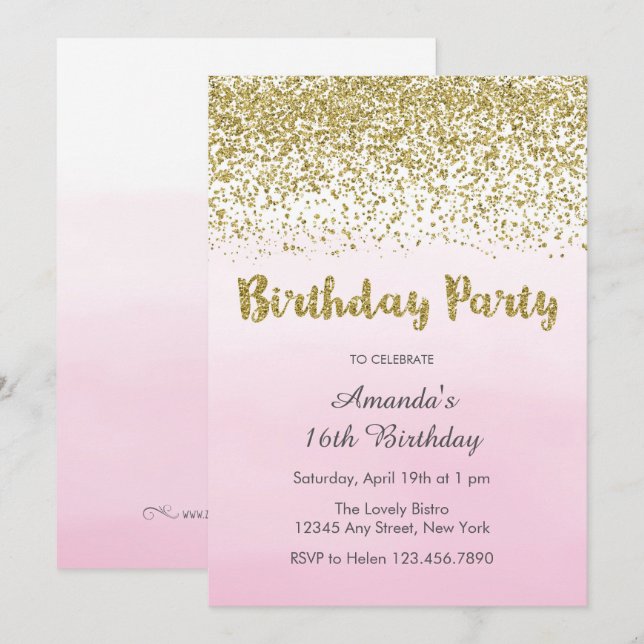 Invitation d'anniversaire Soft Rose et Gold (Devant / Derrière)