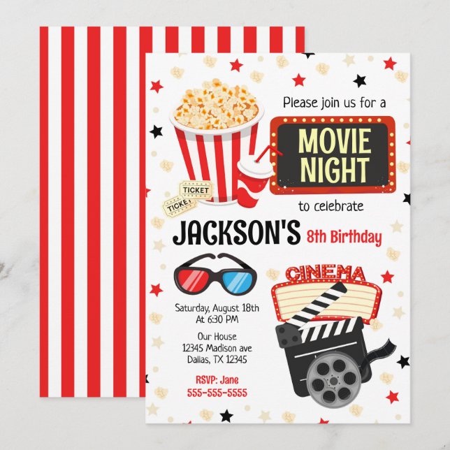 Invitation d'anniversaire soirée cinéma pour enfan (Devant / Derrière)