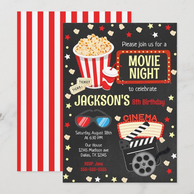 Invitation d'anniversaire soirée cinéma pour enfan (Devant / Derrière)
