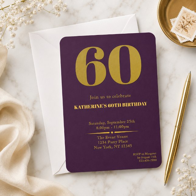 Invitation d'anniversaire soixantième en or prune (Créateur téléchargé)
