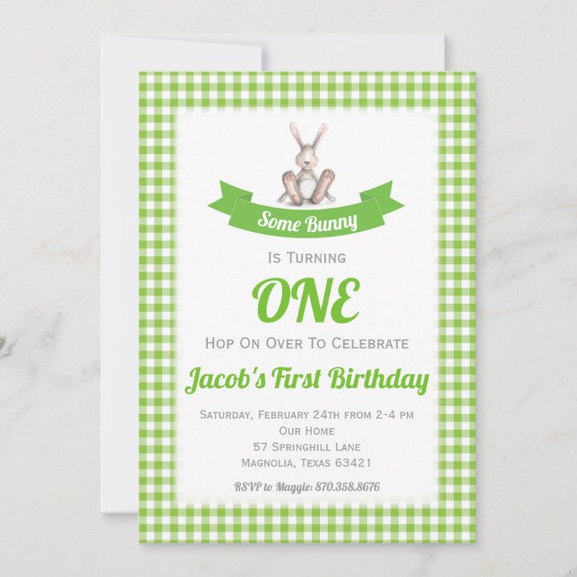 Invitation d'anniversaire Some Bunny Green Gingham (Devant)